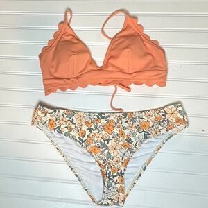 Cupshe Women Orange Floral Bikini Set Textured Scallop 2 Piece L NWT